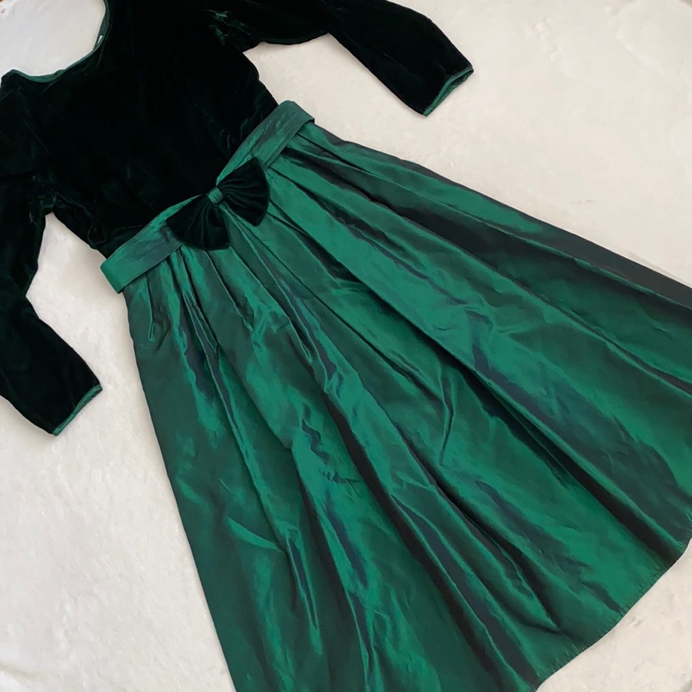 {VTG} Lanz Originals | Velvet Satin Bow Belt Long Sleeve Midi Dress Emerald (8) - Picture 16 of 16